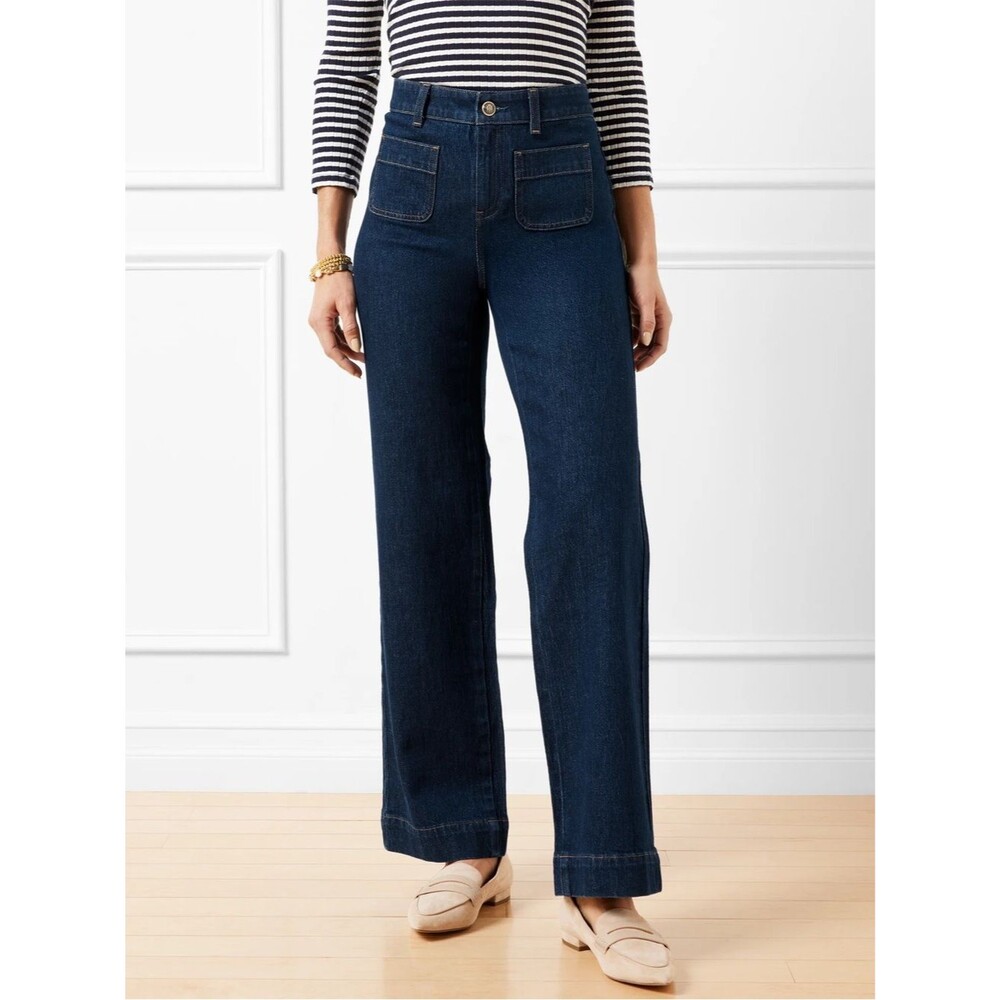 Talbots Relaxed Trouser Jeans Wide Leg Patch Pockets Blue Denim Dark Wash Size 4